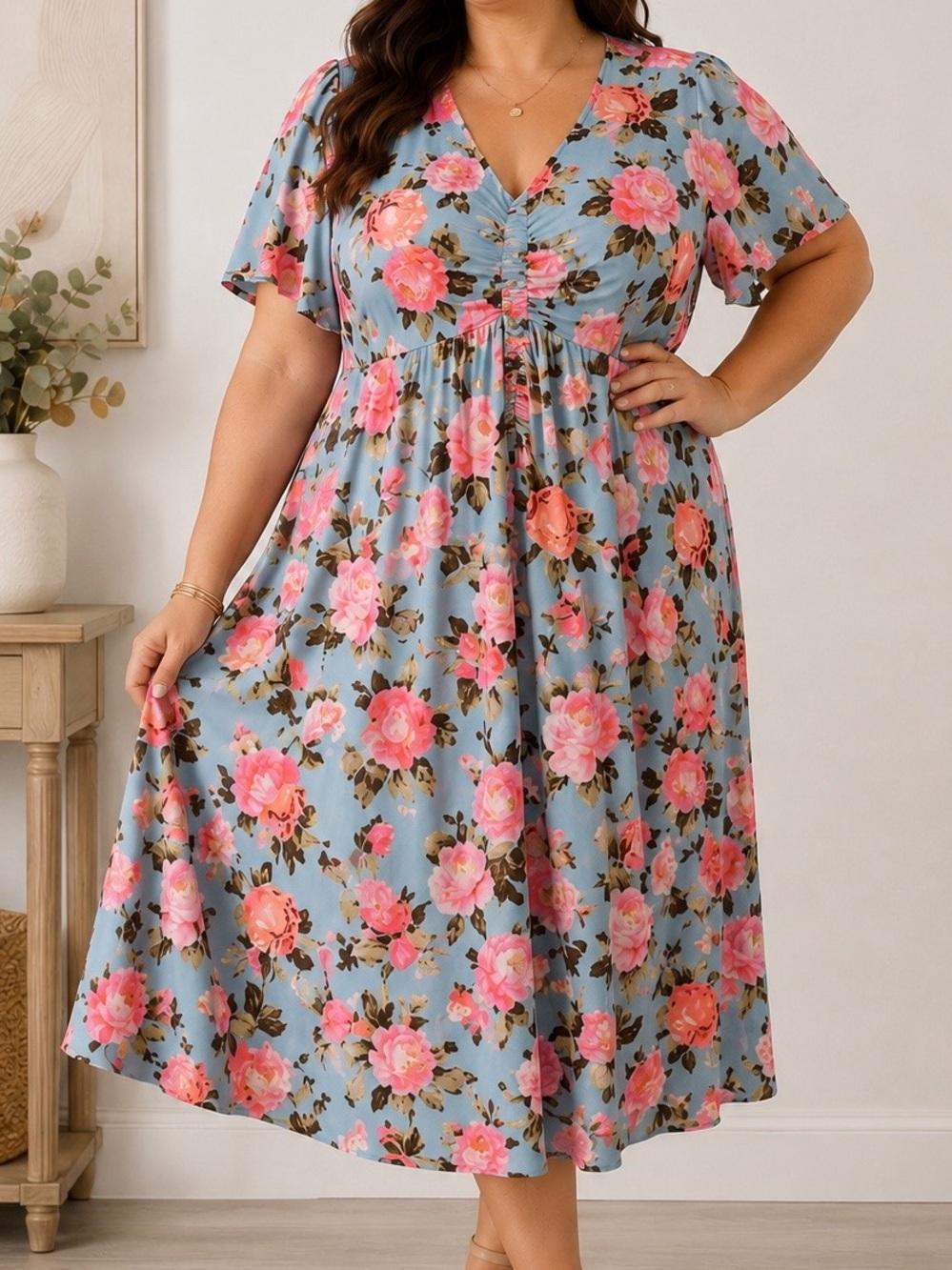Floral V-Neck Midi Dress in Blue with Pink Roses